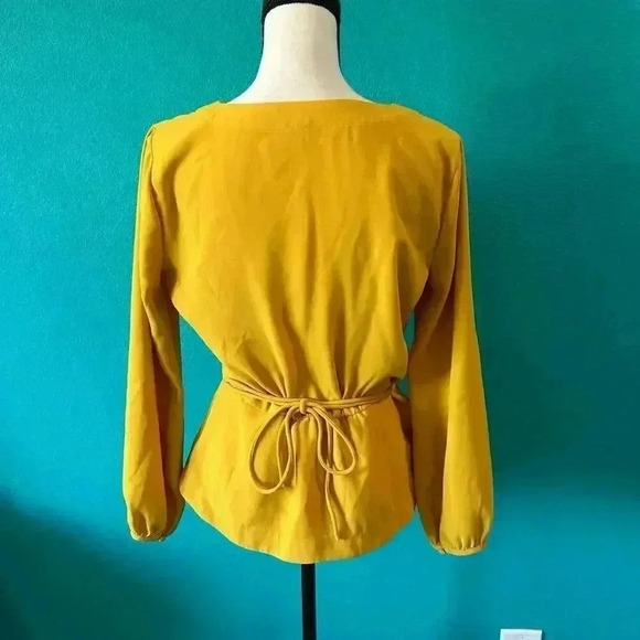 J. Crew Drapey Crepe Faux Wrap Top Yellow Peplum Tie Waist Surplice Blouse 6 - Picture 5 of 7